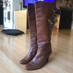 Brown leather calf-high heeled boots